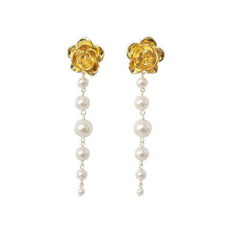 Genuine pearl drop earrings with gold rose — The Crystal Boutique