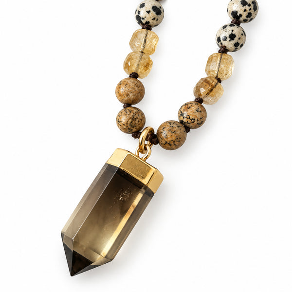 108-bead mala with dalmatian jasper, citrine, and picture jasper — The Crystal Boutique
