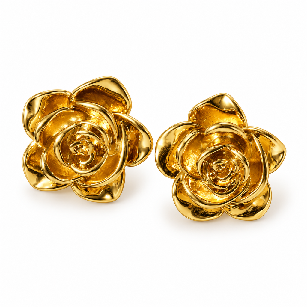 Oversized rose stud earrings in gold-plated brass — The Crystal Boutique