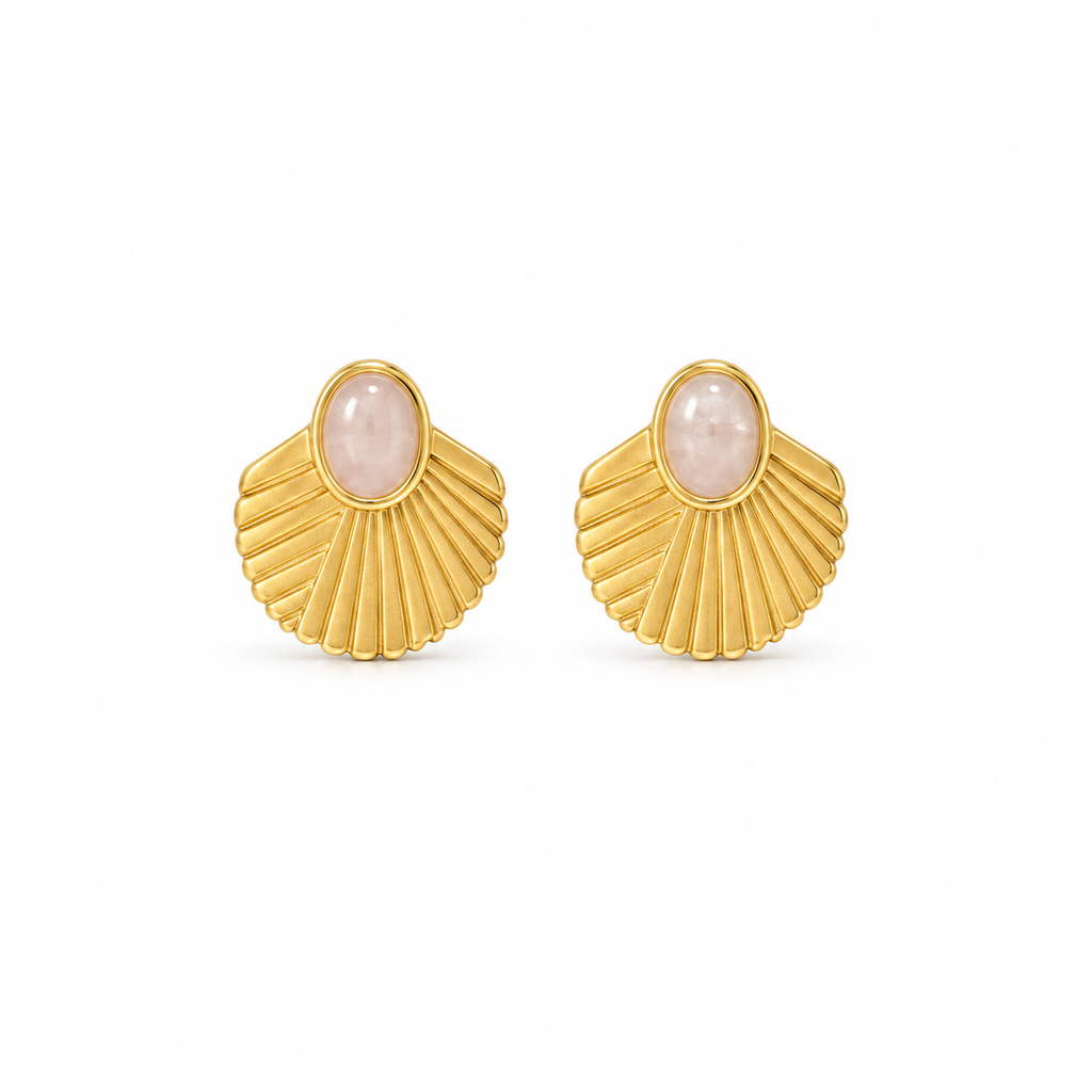 Genuine rose quartz shell stud earrings in gold — The Crystal Boutique
