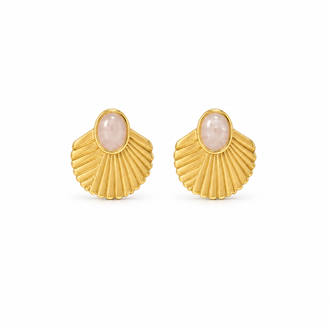 Genuine rose quartz shell stud earrings in gold — The Crystal Boutique
